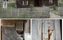 Zestawienie trzech fotografii prezentujących stan zachowania drewnianych elementów konstrukcji chałupy z Kociewia w Parku Etnograficznym w Toruniu przed remontem.