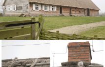 Zestawienie trzech fotografii prezentujących stan zachowania strzechy na dachu zagrody z Niedżwiedzia w Olenderskim Parku Etnograficznym przed remontem.