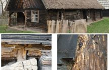 Zestawienie trzech fotografii prezentujących stan zachowania drewnianych elementów konstrukcji zagrody z Borów Tucholskich w Parku Etnograficznym w Toruniu przed remontem.