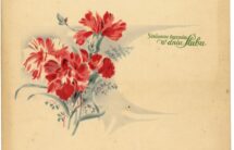 Fotografia kartki z bukietem czerwonych goździków i życzeniami z okazji ślubu