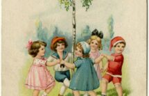 Kolorowa pocztówka- grupa dzieci tańczy wokół brzózki, napis „Wesołych Zielonych Świąt”