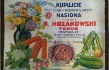 Barwna fotografa tablicy reklamowej firmy B. Hozakowski z Torunia, namalowany wazon z kwiatami i różne warzywa, w tym marchew.