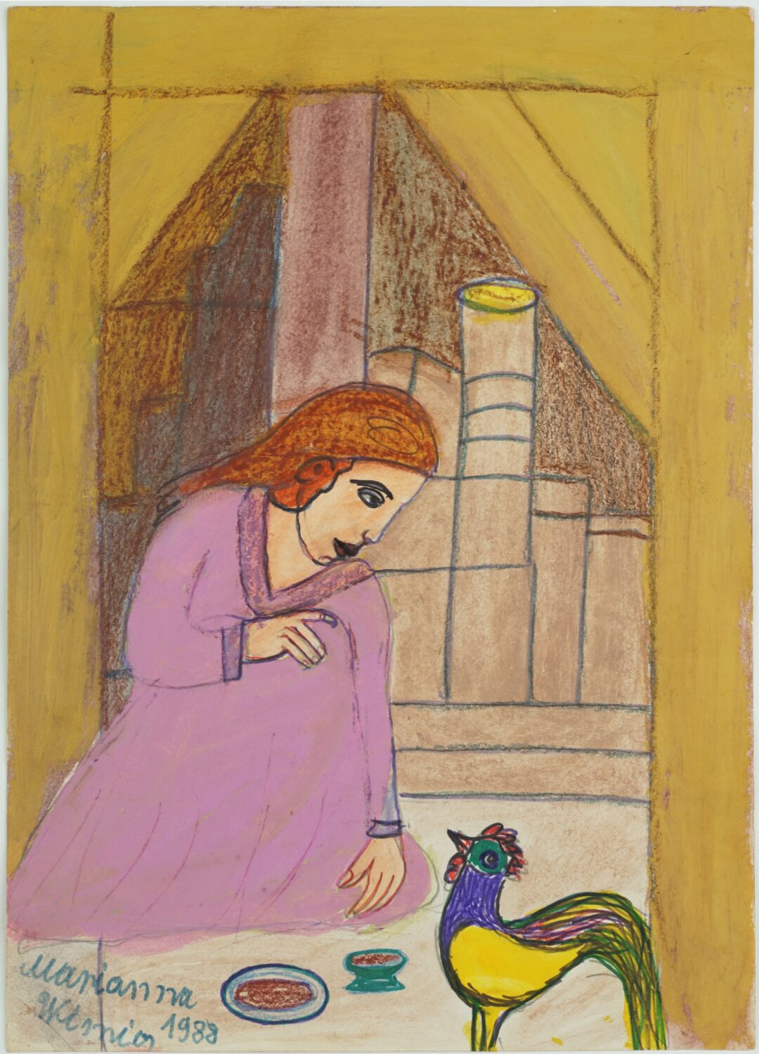 Dziewczyna karmi koguta