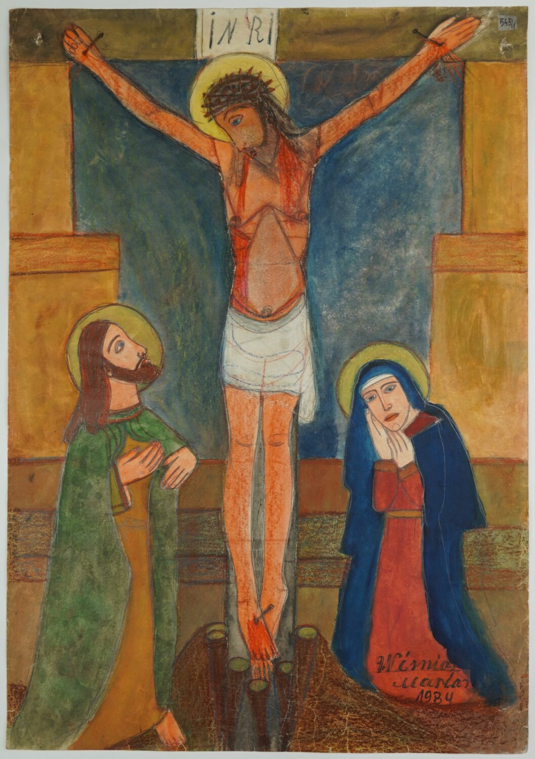 Kobieta i mężczyzna pod krzyżem, na którym wisi Jezus